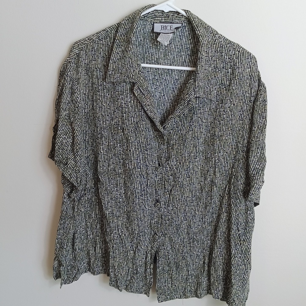 Bice by Sag Harbor Button Down Women 2X Green Abstract Dash Excellent Vintage